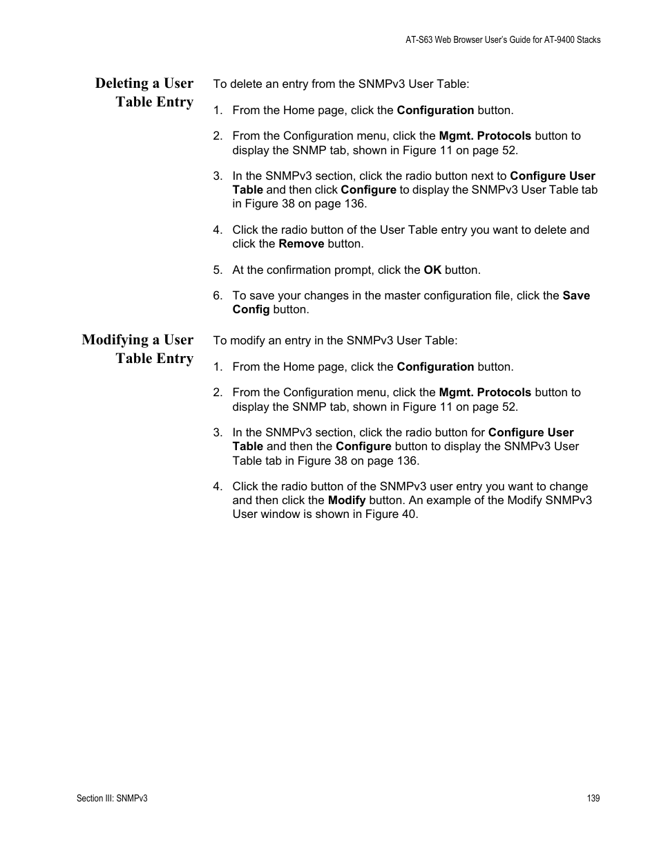 Deleting a user table entry, Modifying a user table entry | Allied Telesis AT-S63 User Manual | Page 139 / 246