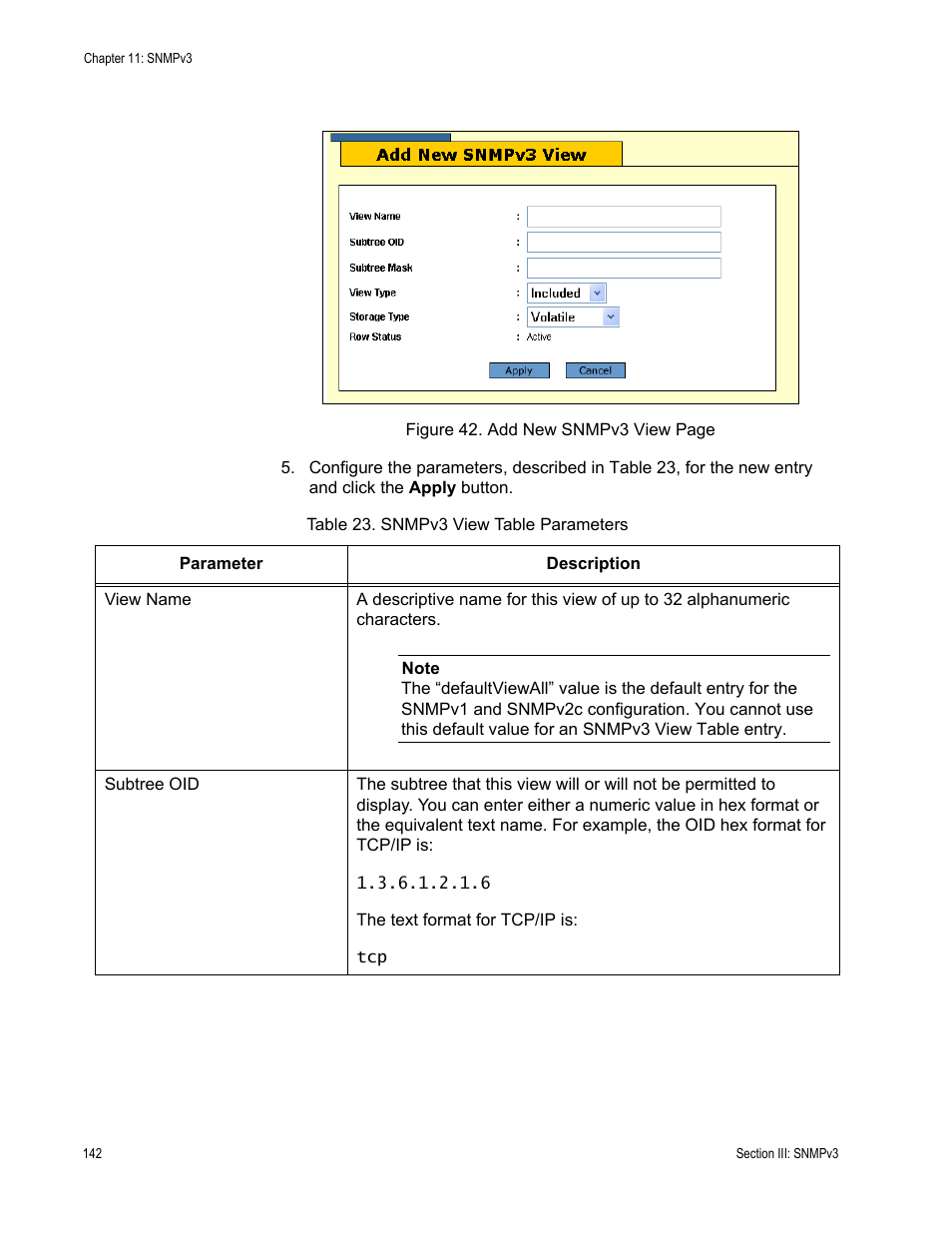 Table 23: snmpv3 view table parameters, Figure 42 | Allied Telesis AT-S63 User Manual | Page 142 / 246