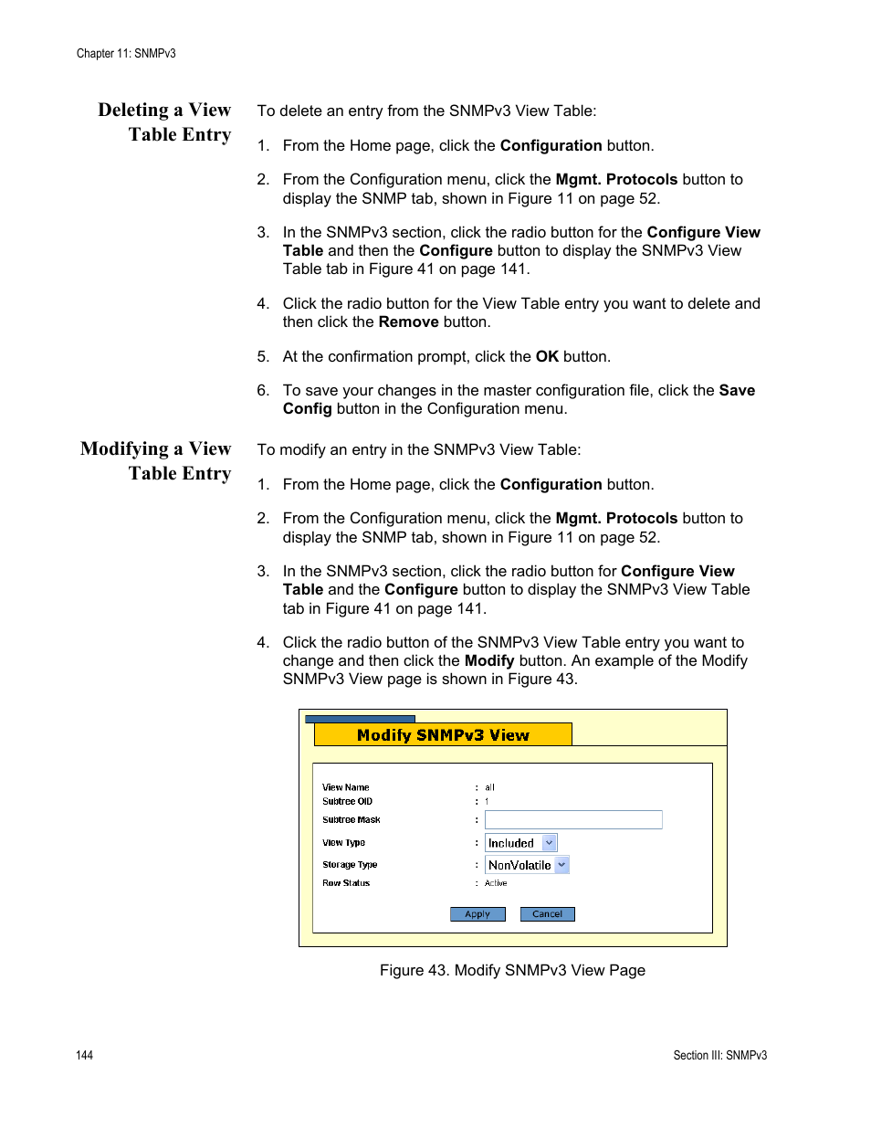 Deleting a view table entry, Modifying a view table entry | Allied Telesis AT-S63 User Manual | Page 144 / 246