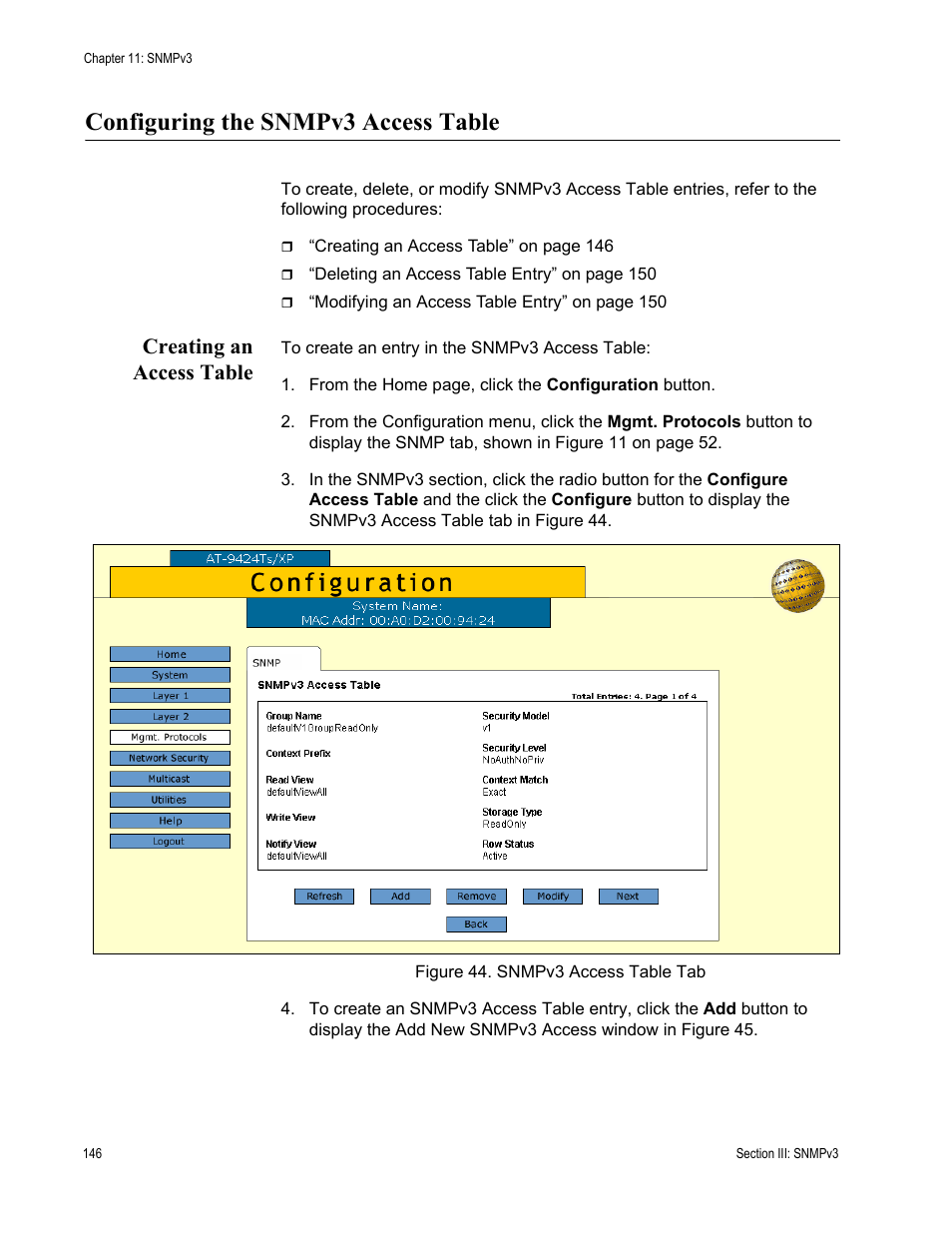 Configuring the snmpv3 access table, Creating an access table, Figure 44: snmpv3 access table tab | Allied Telesis AT-S63 User Manual | Page 146 / 246