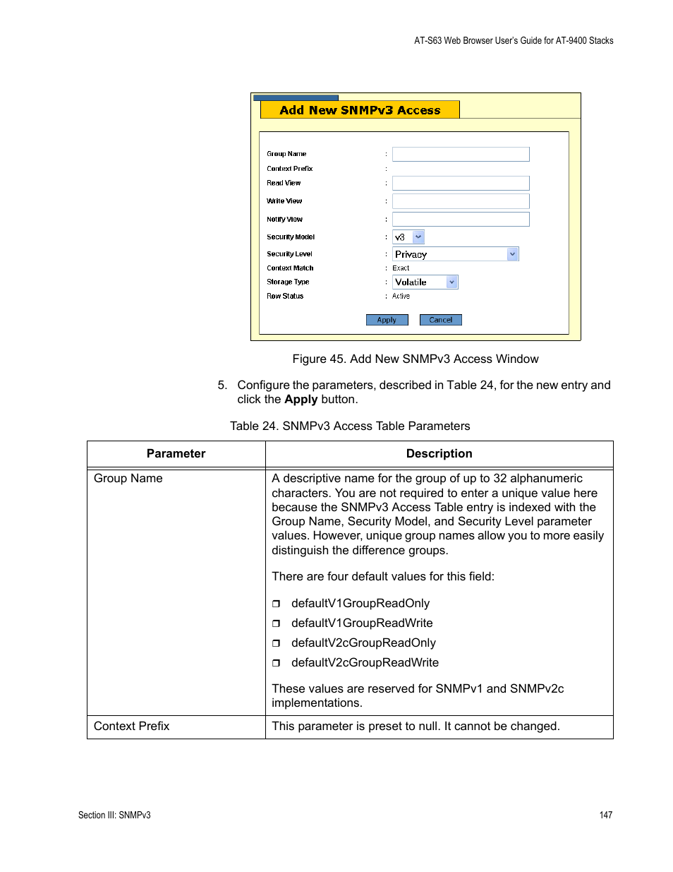 Figure 45: add new snmpv3 access window, Table 24: snmpv3 access table parameters, Figure 45 | Allied Telesis AT-S63 User Manual | Page 147 / 246