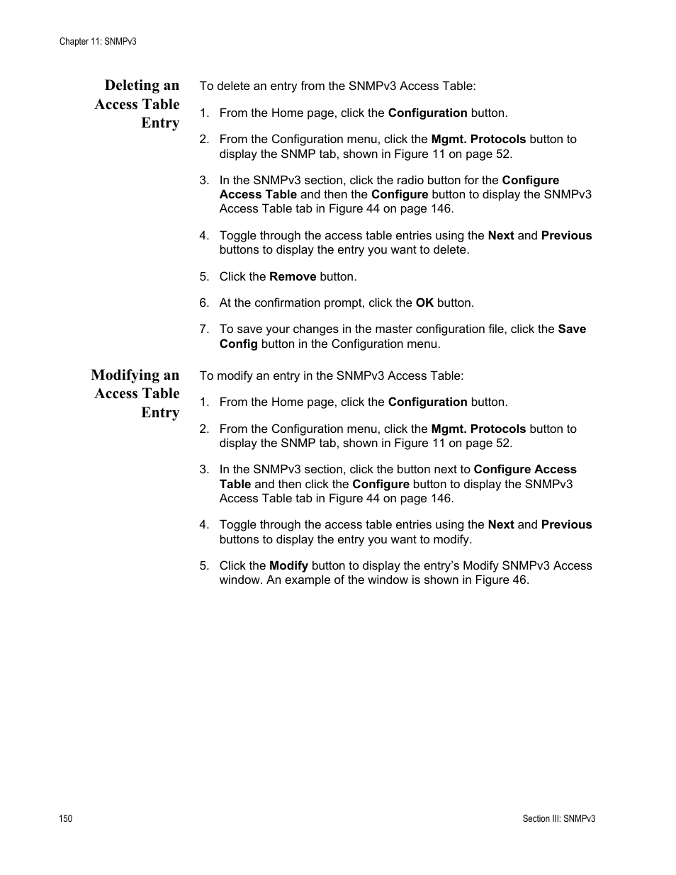 Deleting an access table entry, Modifying an access table entry | Allied Telesis AT-S63 User Manual | Page 150 / 246