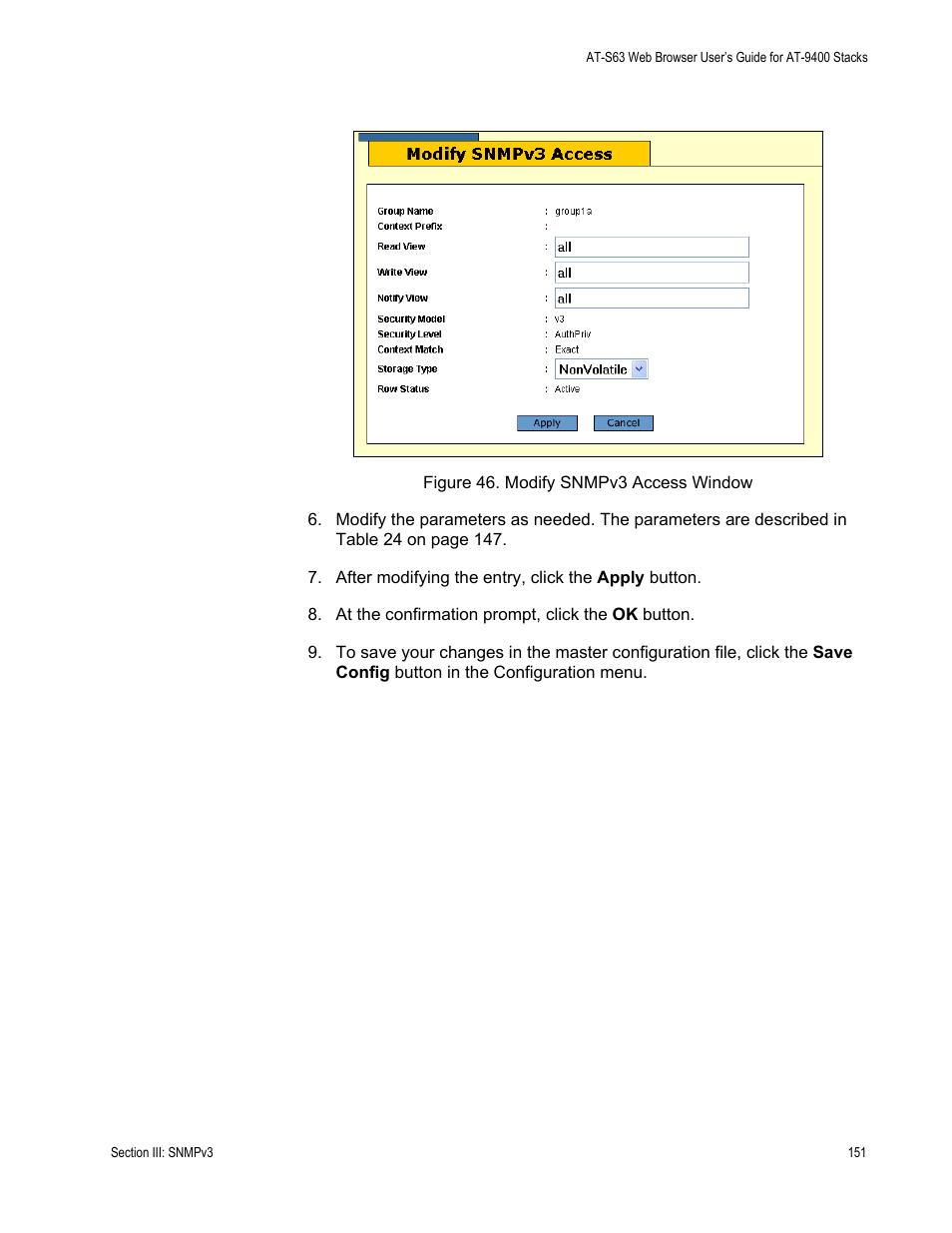 Modify snmpv3 access window, Figure 46 | Allied Telesis AT-S63 User Manual | Page 151 / 246