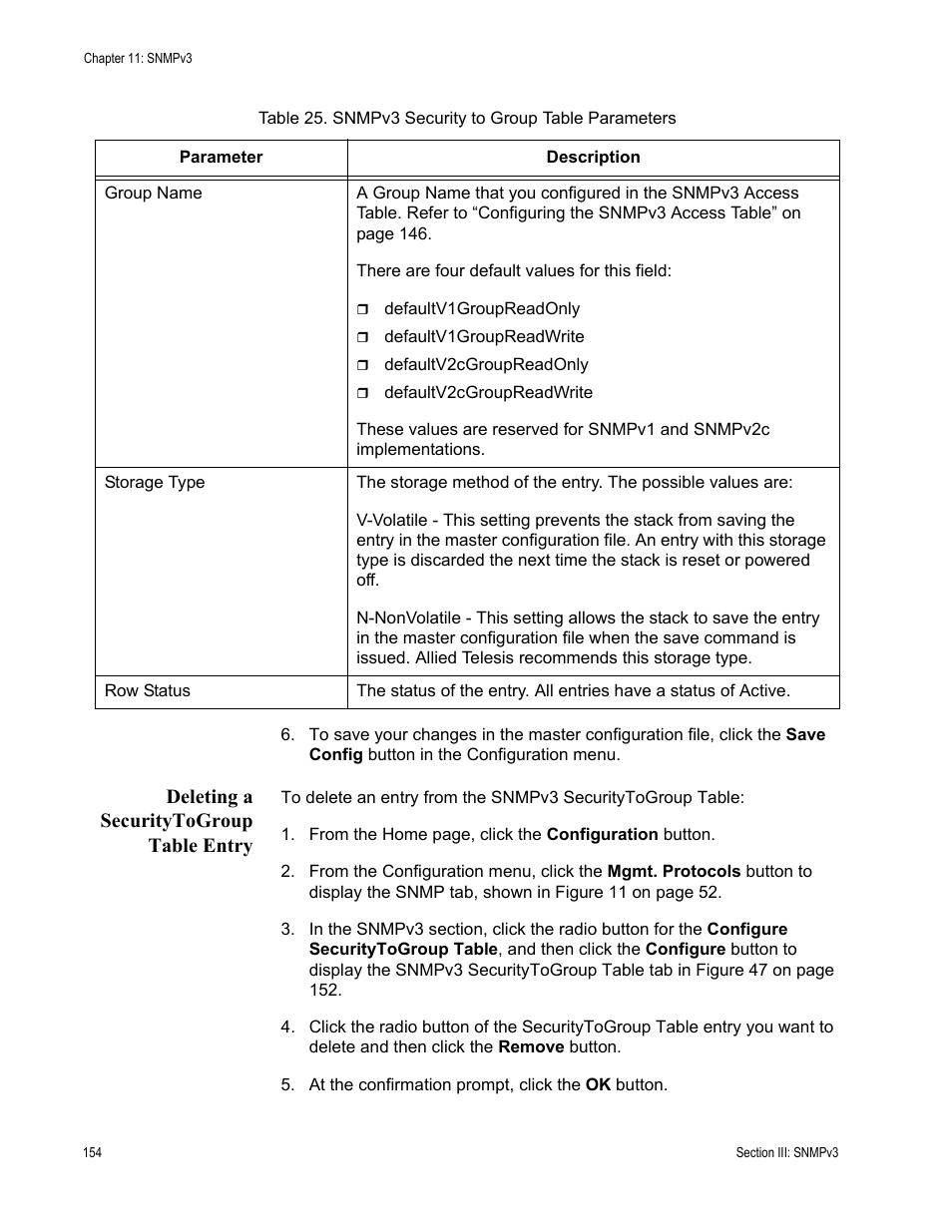 Deleting a securitytogroup table entry | Allied Telesis AT-S63 User Manual | Page 154 / 246