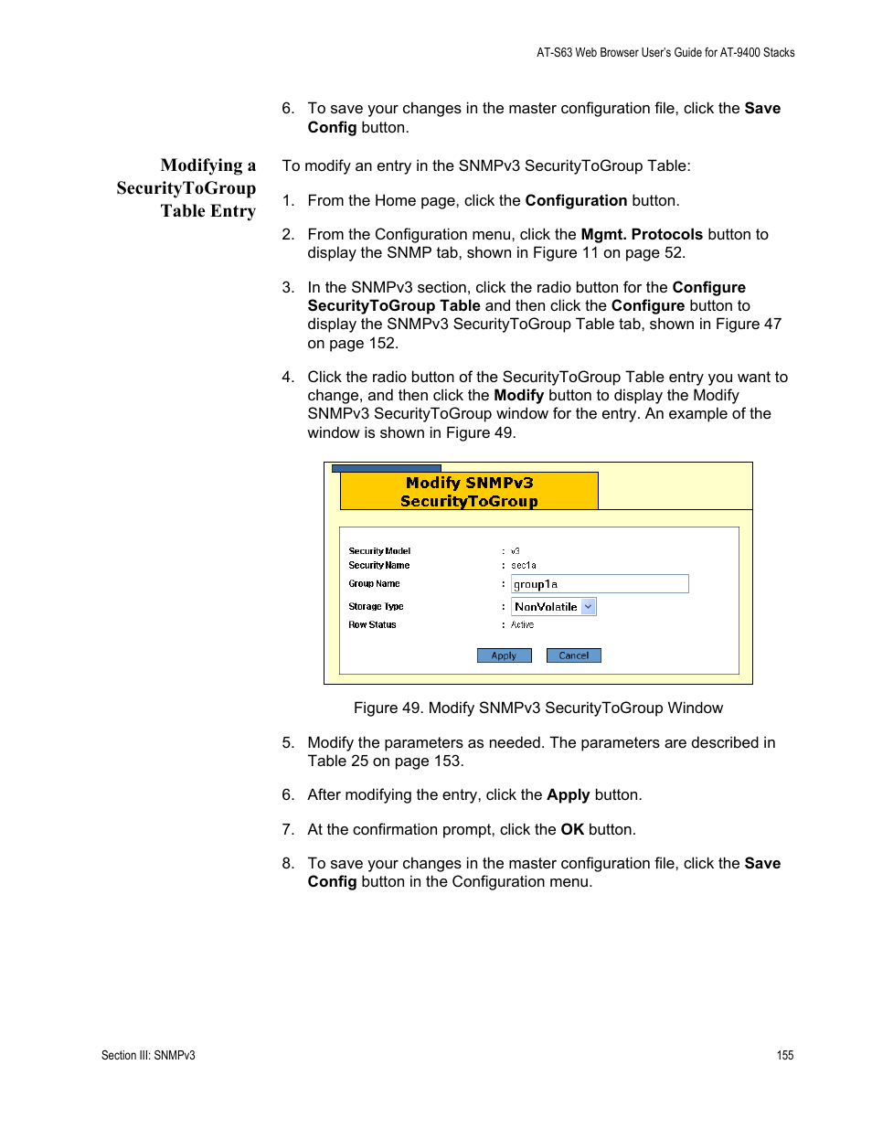 Modifying a securitytogroup table entry, Figure 49: modify snmpv3 securitytogroup window | Allied Telesis AT-S63 User Manual | Page 155 / 246
