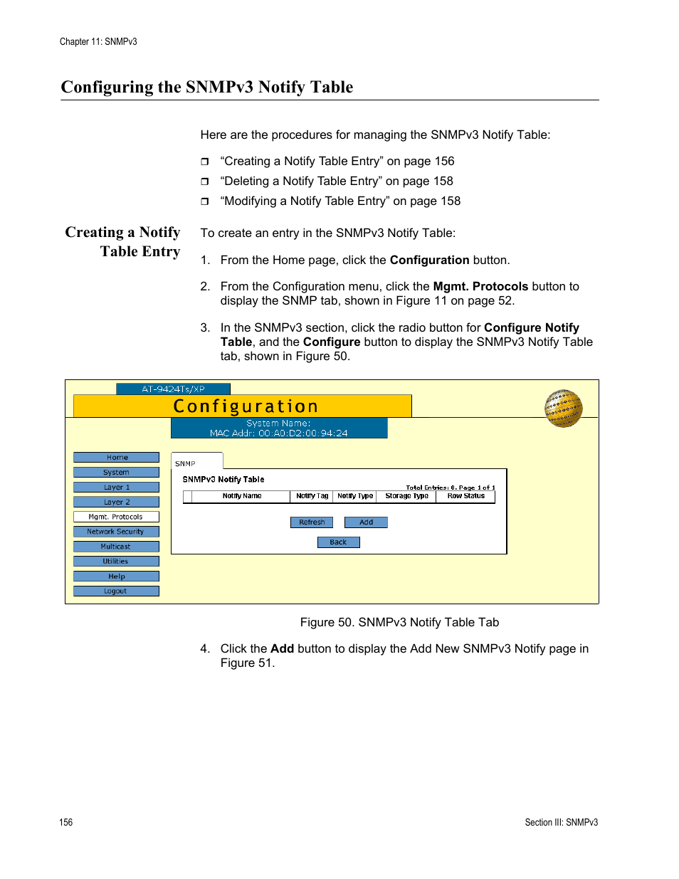 Configuring the snmpv3 notify table, Creating a notify table entry, Figure 50: snmpv3 notify table tab | Allied Telesis AT-S63 User Manual | Page 156 / 246
