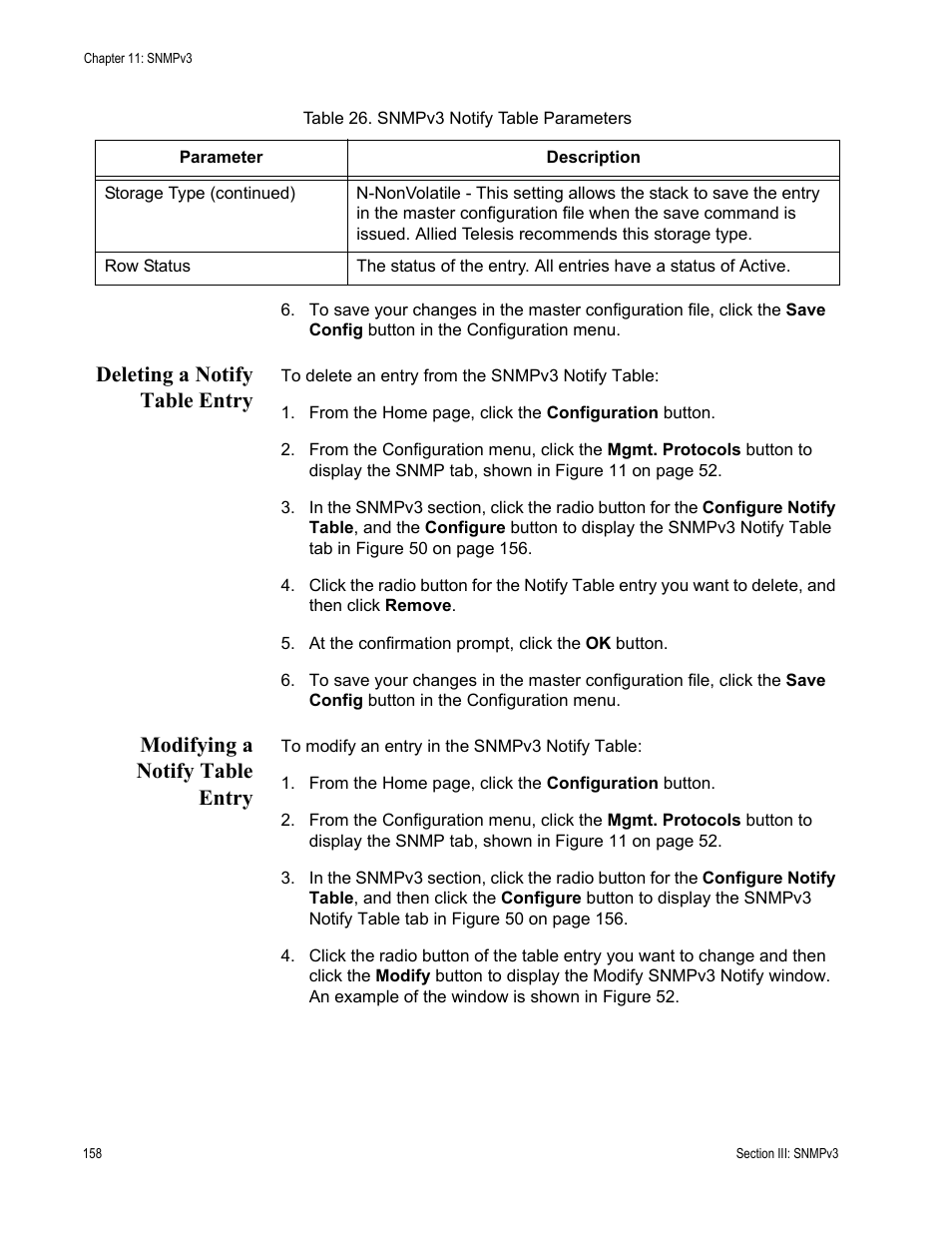Deleting a notify table entry, Modifying a notify table entry | Allied Telesis AT-S63 User Manual | Page 158 / 246