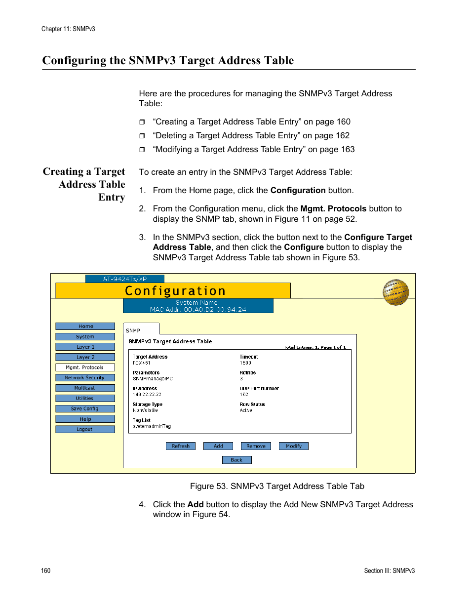 Configuring the snmpv3 target address table, Creating a target address table entry, Figure 53: snmpv3 target address table tab | Allied Telesis AT-S63 User Manual | Page 160 / 246