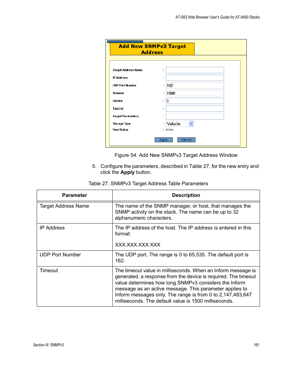 Figure 54: add new snmpv3 target address window, Table 27: snmpv3 target address table parameters, Window in figure 54 | Allied Telesis AT-S63 User Manual | Page 161 / 246