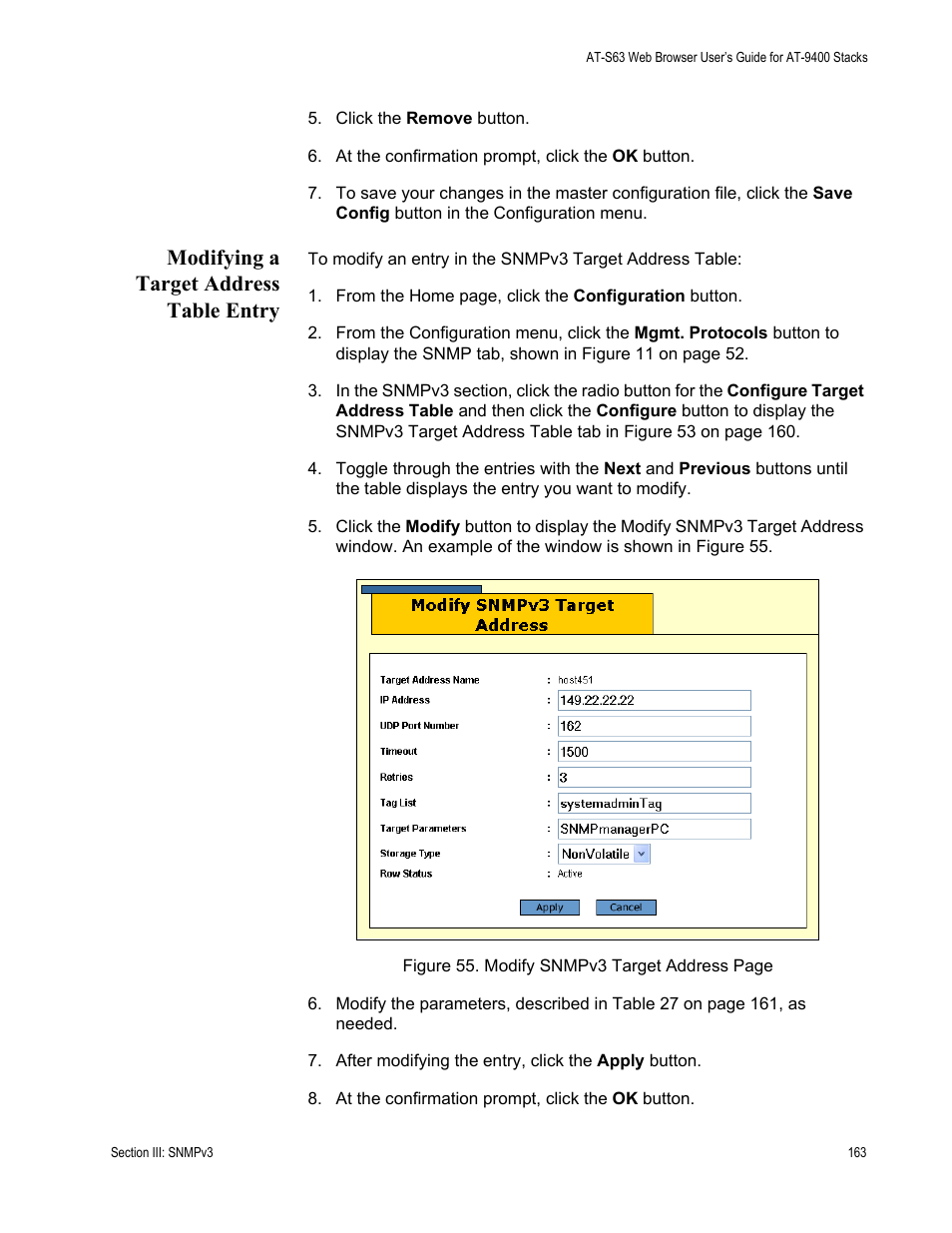 Modifying a target address table entry | Allied Telesis AT-S63 User Manual | Page 163 / 246