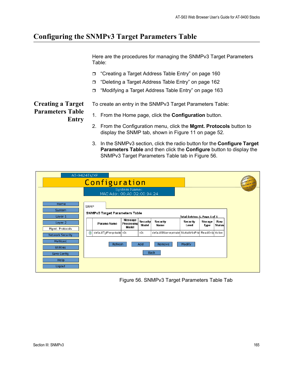 Configuring the snmpv3 target parameters table, Creating a target parameters table entry, Figure 56: snmpv3 target parameters table tab | Allied Telesis AT-S63 User Manual | Page 165 / 246