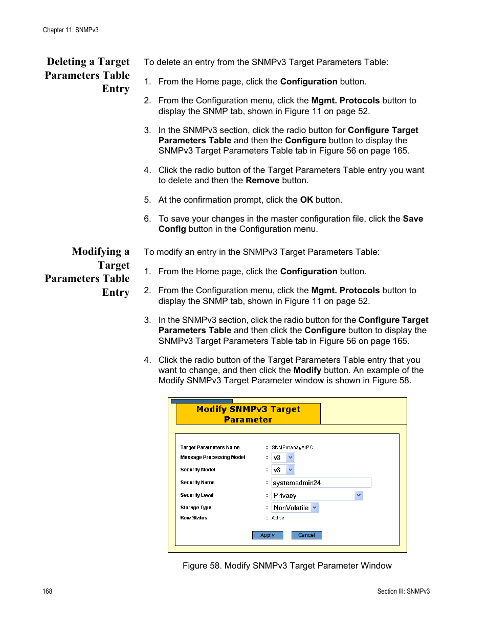 Deleting a target parameters table entry, Modifying a target parameters table entry, Figure 58: modify snmpv3 target parameter window | Allied Telesis AT-S63 User Manual | Page 168 / 246
