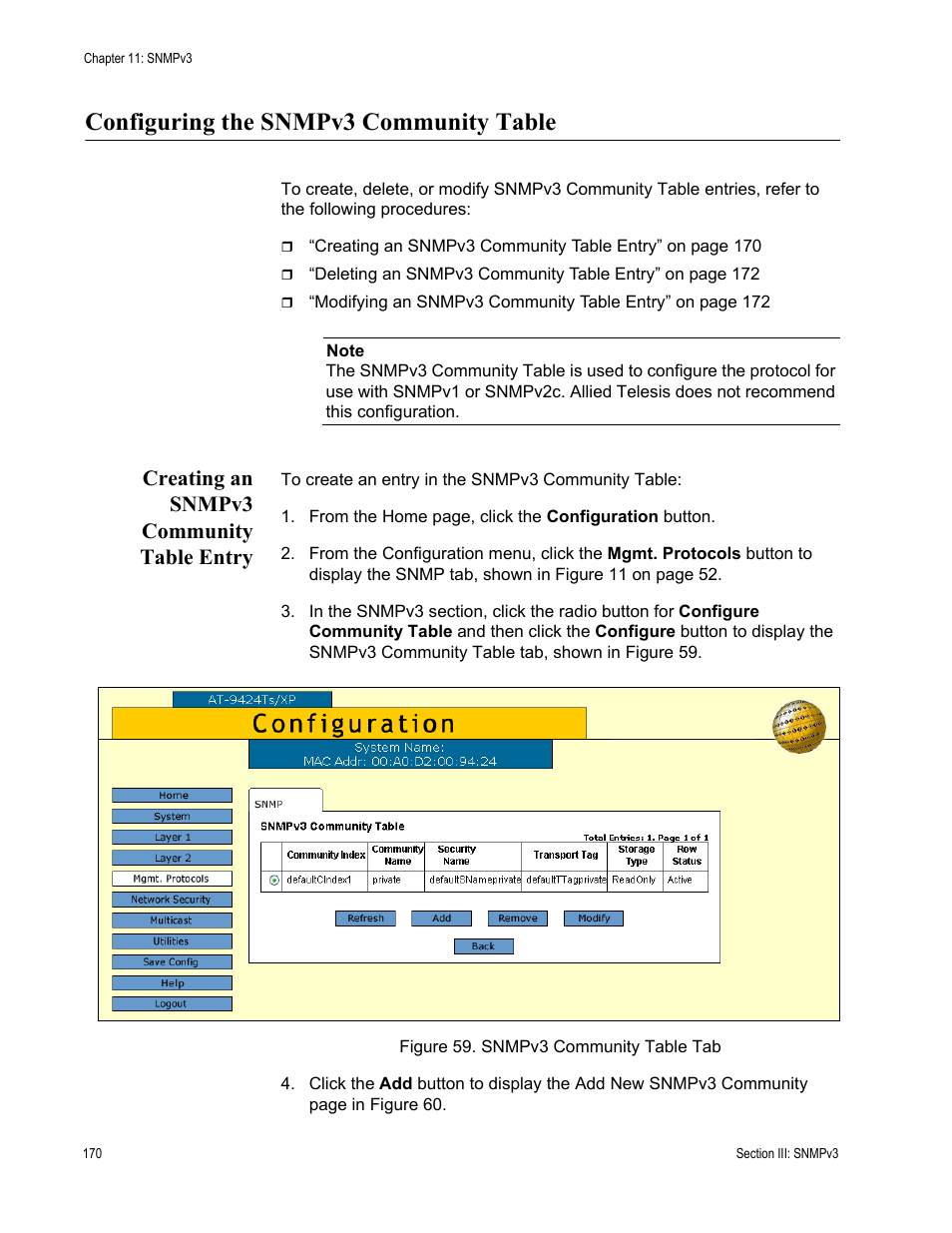 Configuring the snmpv3 community table, Creating an snmpv3 community table entry, Figure 59: snmpv3 community table tab | Allied Telesis AT-S63 User Manual | Page 170 / 246