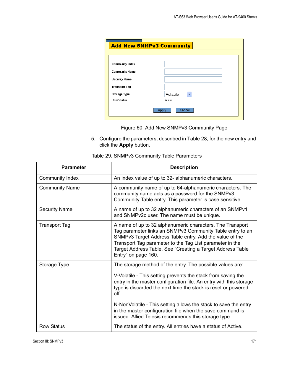 Table 29: snmpv3 community table parameters | Allied Telesis AT-S63 User Manual | Page 171 / 246