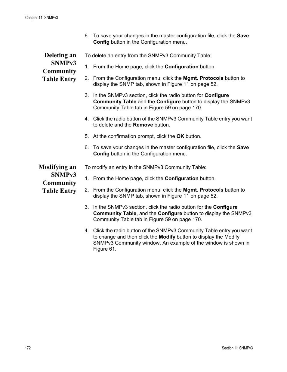 Deleting an snmpv3 community table entry, Modifying an snmpv3 community table entry | Allied Telesis AT-S63 User Manual | Page 172 / 246
