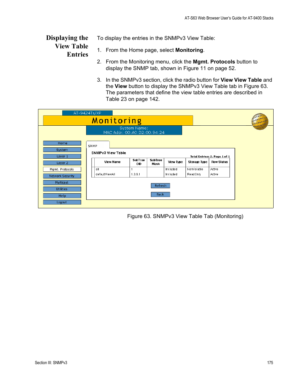 Displaying the view table entries, Figure 63: snmpv3 view table tab (monitoring) | Allied Telesis AT-S63 User Manual | Page 175 / 246