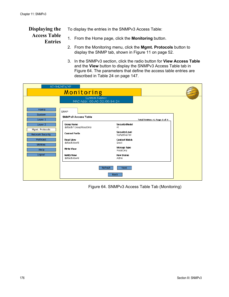Displaying the access table entries, Figure 64: snmpv3 access table tab (monitoring) | Allied Telesis AT-S63 User Manual | Page 176 / 246