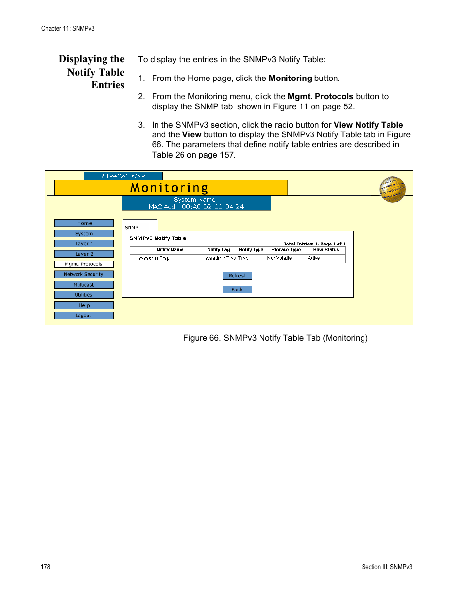 Displaying the notify table entries, Figure 66: snmpv3 notify table tab (monitoring) | Allied Telesis AT-S63 User Manual | Page 178 / 246