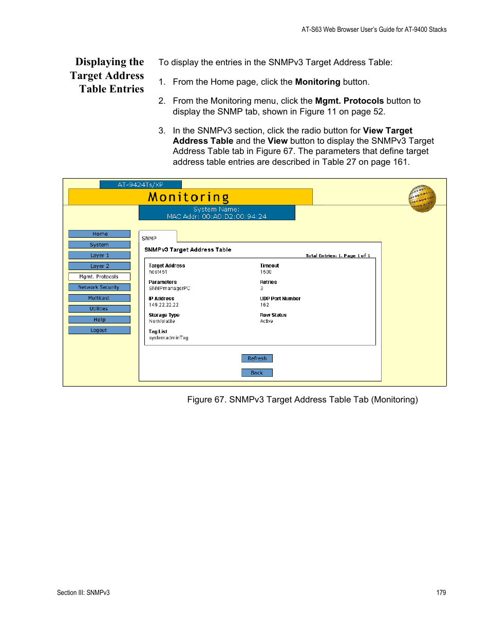 Displaying the target address table entries | Allied Telesis AT-S63 User Manual | Page 179 / 246