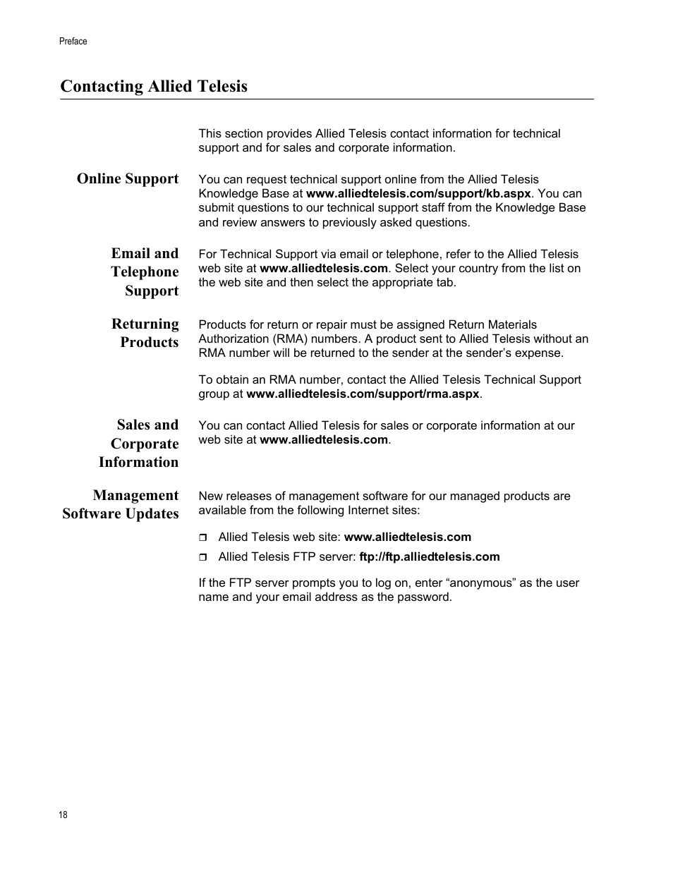 Contacting allied telesis, Online support, Email and telephone support | Returning products, Sales and corporate information, Management software updates | Allied Telesis AT-S63 User Manual | Page 18 / 246