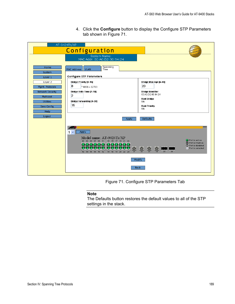 Figure 71: configure stp parameters tab | Allied Telesis AT-S63 User Manual | Page 189 / 246