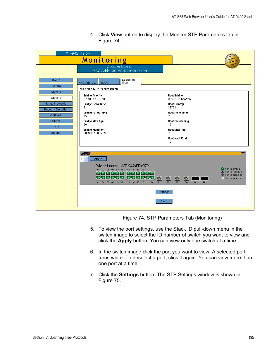 Figure 74: stp parameters tab (monitoring) | Allied Telesis AT-S63 User Manual | Page 195 / 246