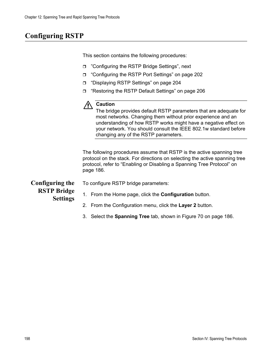 Configuring rstp, Configuring the rstp bridge settings | Allied Telesis AT-S63 User Manual | Page 198 / 246