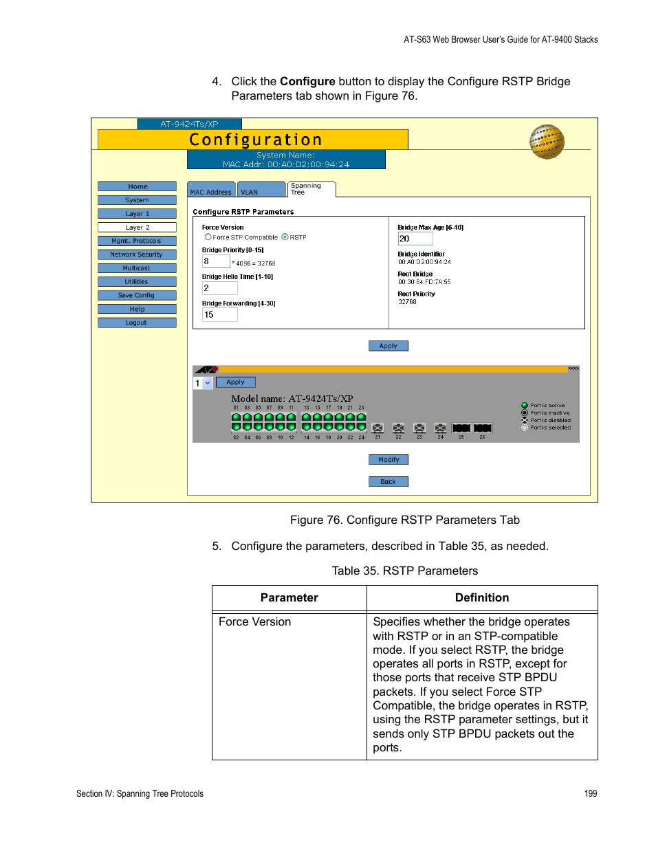 Figure 76: configure rstp parameters tab, Table 35: rstp parameters | Allied Telesis AT-S63 User Manual | Page 199 / 246