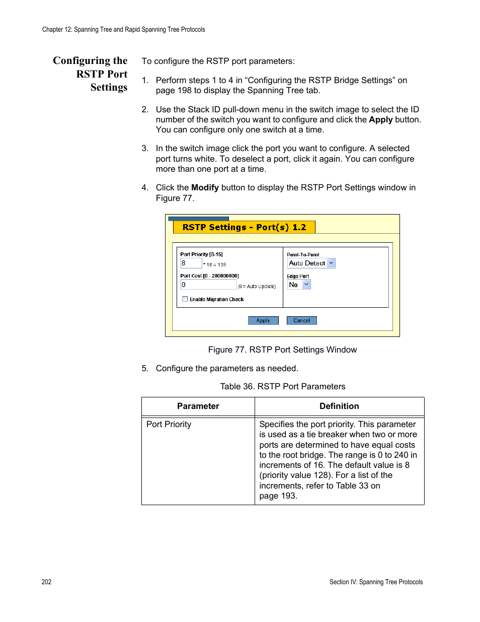 Configuring the rstp port settings, Figure 77: rstp port settings window, Table 36: rstp port parameters | Allied Telesis AT-S63 User Manual | Page 202 / 246