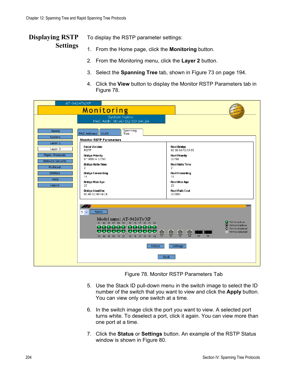 Displaying rstp settings, Figure 78: monitor rstp parameters tab | Allied Telesis AT-S63 User Manual | Page 204 / 246