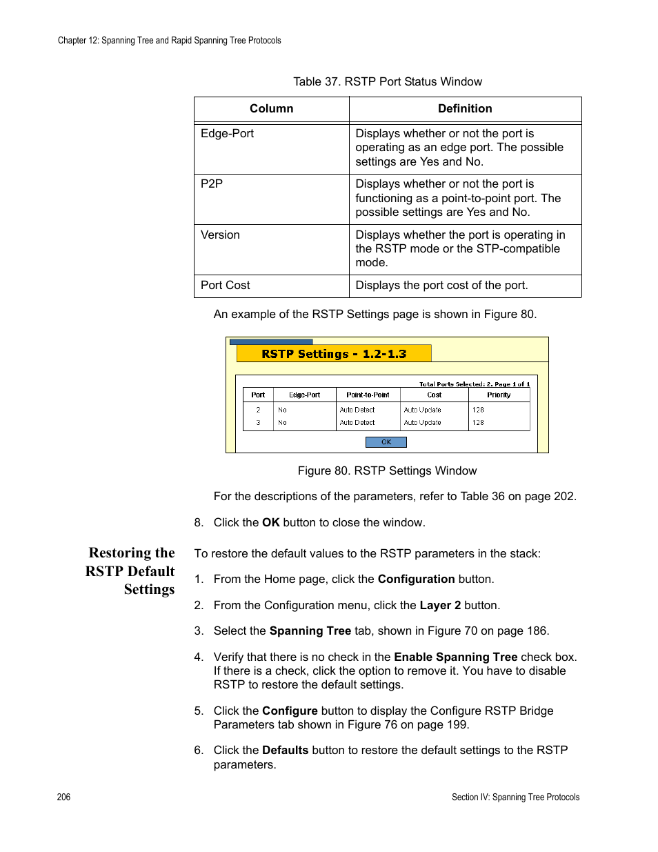 Restoring the rstp default settings, Figure 80: rstp settings window | Allied Telesis AT-S63 User Manual | Page 206 / 246