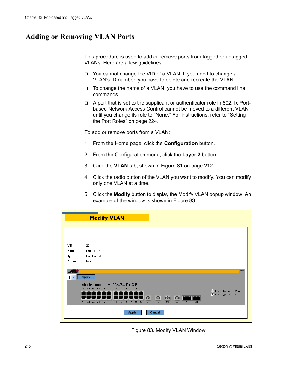 Adding or removing vlan ports, Figure 83: modify vlan window | Allied Telesis AT-S63 User Manual | Page 216 / 246
