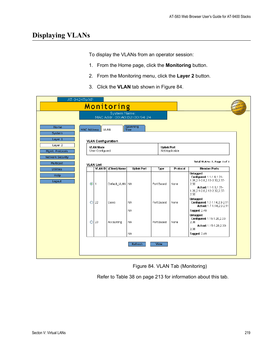 Displaying vlans, Figure 84: vlan tab (monitoring) | Allied Telesis AT-S63 User Manual | Page 219 / 246