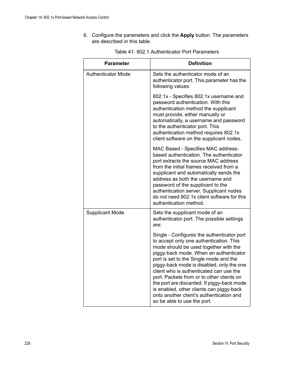 Table 41: 802.1 authenticator port parameters | Allied Telesis AT-S63 User Manual | Page 228 / 246