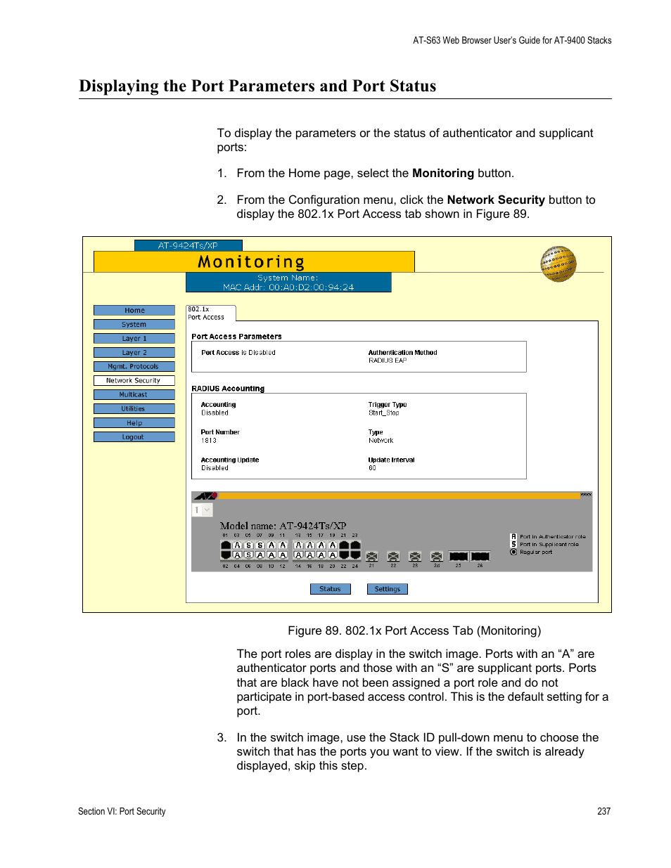 Displaying the port parameters and port status, Figure 89: 802.1x port access tab (monitoring) | Allied Telesis AT-S63 User Manual | Page 237 / 246