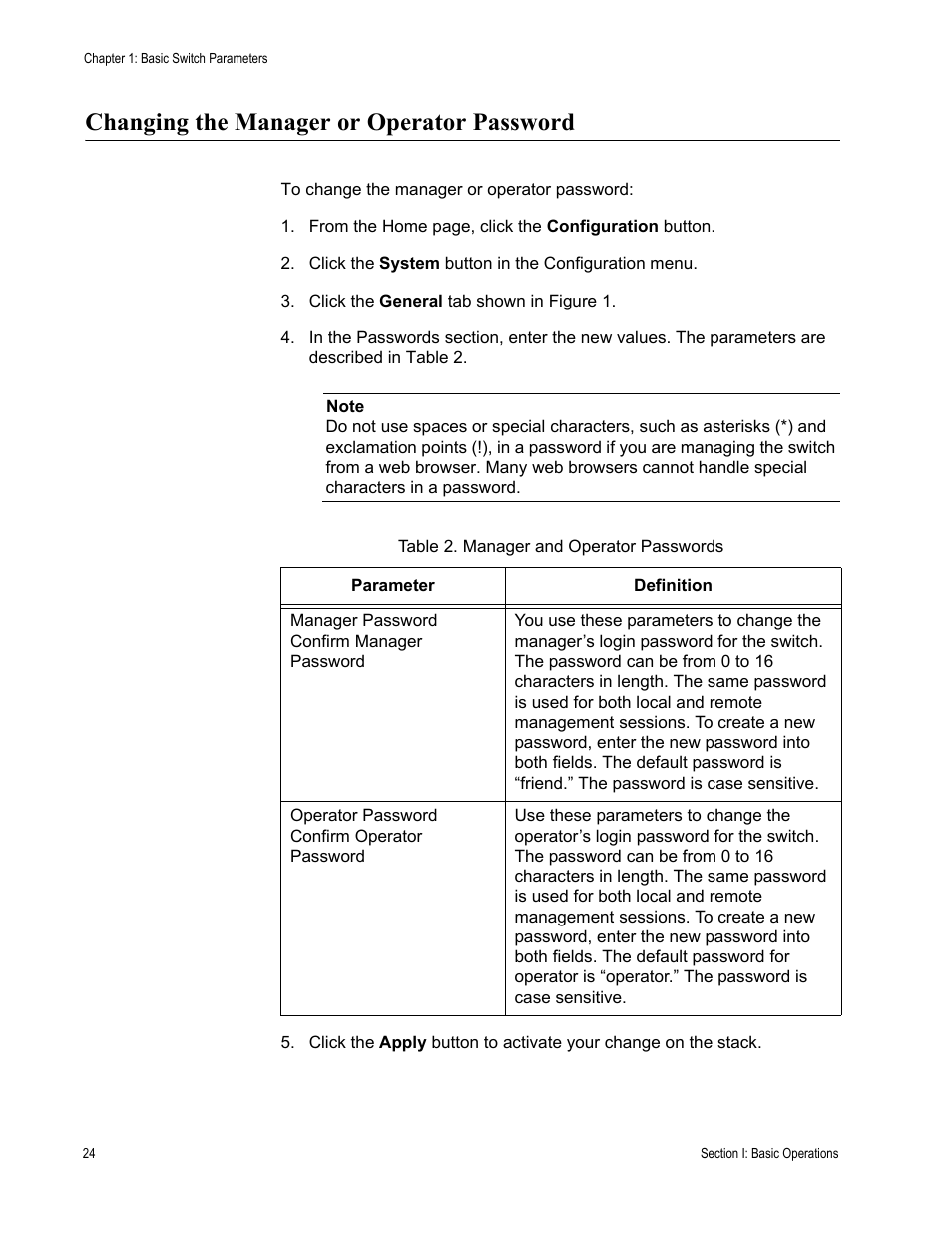 Changing the manager or operator password, Table 2: manager and operator passwords | Allied Telesis AT-S63 User Manual | Page 24 / 246