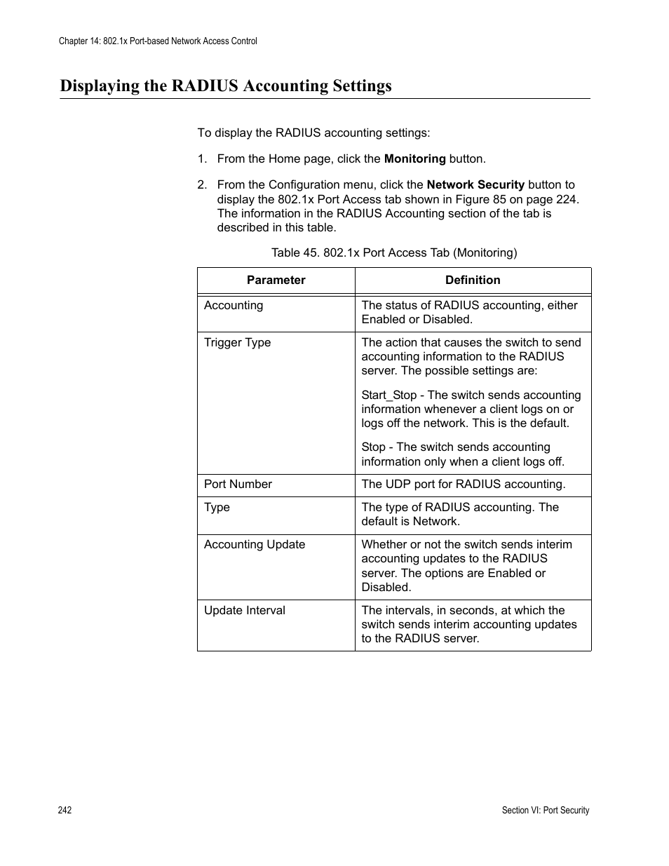 Displaying the radius accounting settings, 1x port access tab (monitoring) | Allied Telesis AT-S63 User Manual | Page 242 / 246