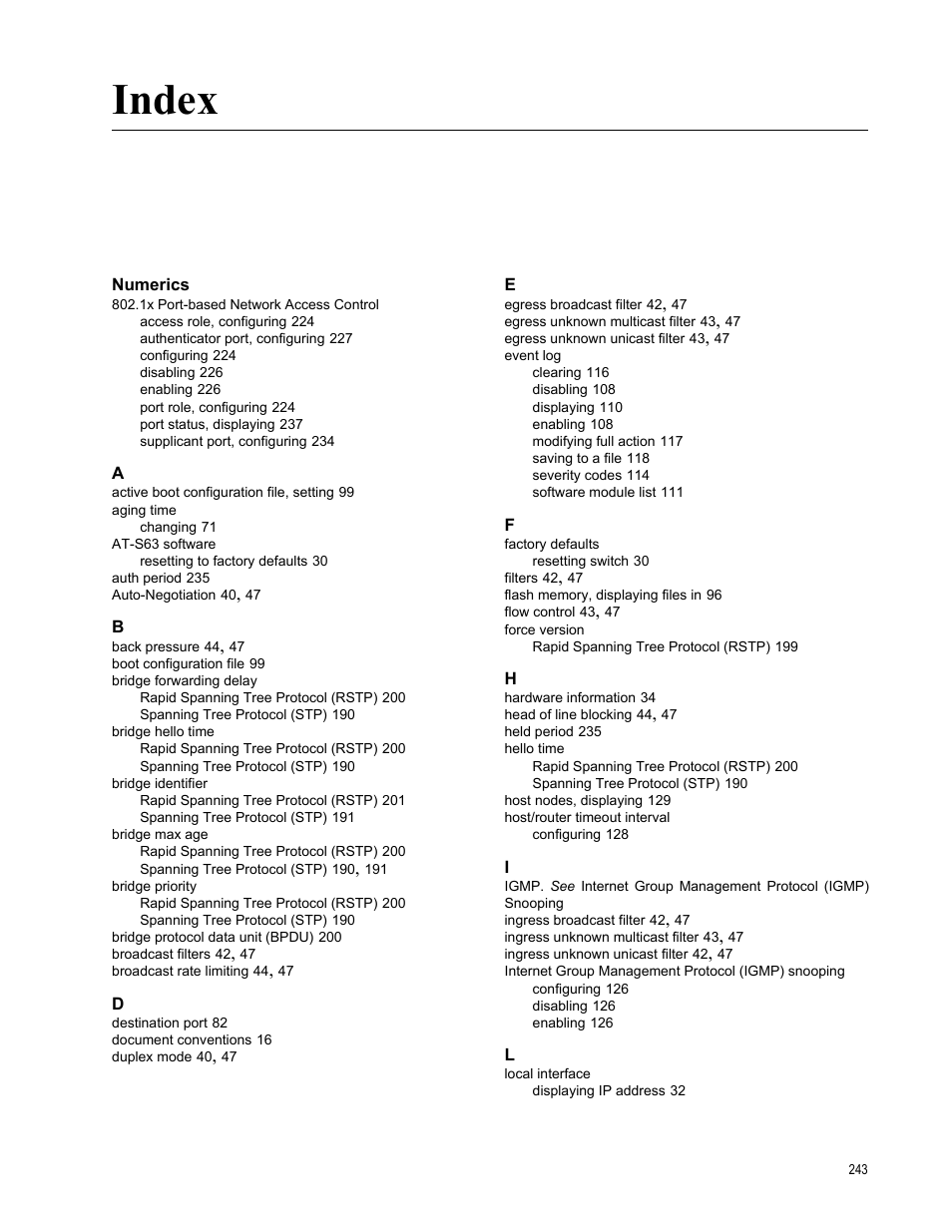 Index, Numerics | Allied Telesis AT-S63 User Manual | Page 243 / 246