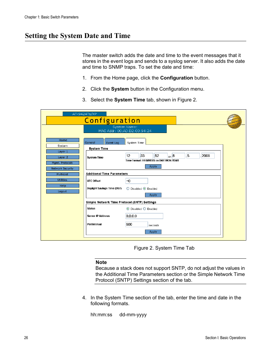 Setting the system date and time, Figure 2: system time tab | Allied Telesis AT-S63 User Manual | Page 26 / 246