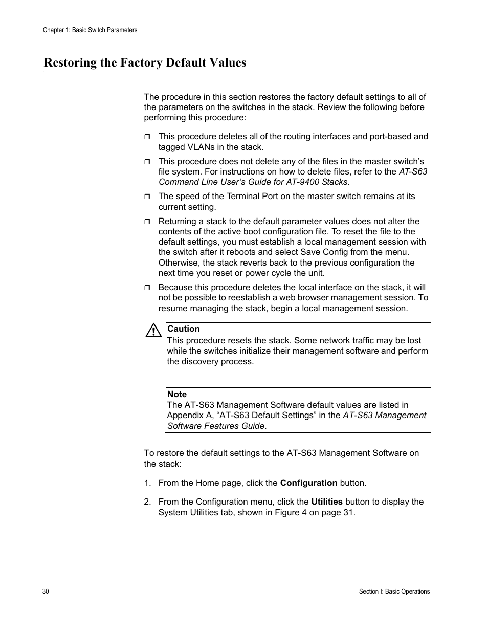 Restoring the factory default values | Allied Telesis AT-S63 User Manual | Page 30 / 246
