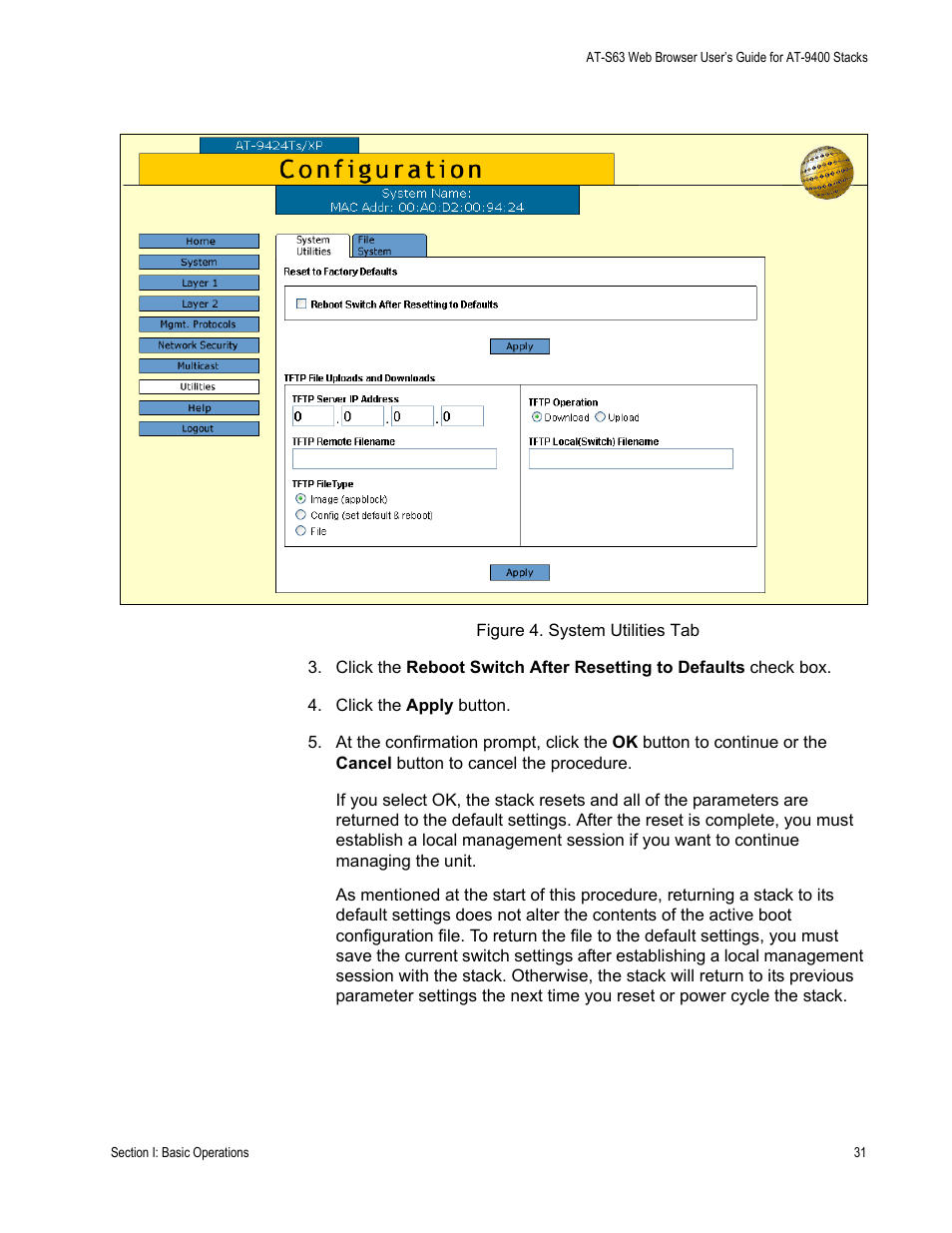Figure 4: system utilities tab | Allied Telesis AT-S63 User Manual | Page 31 / 246