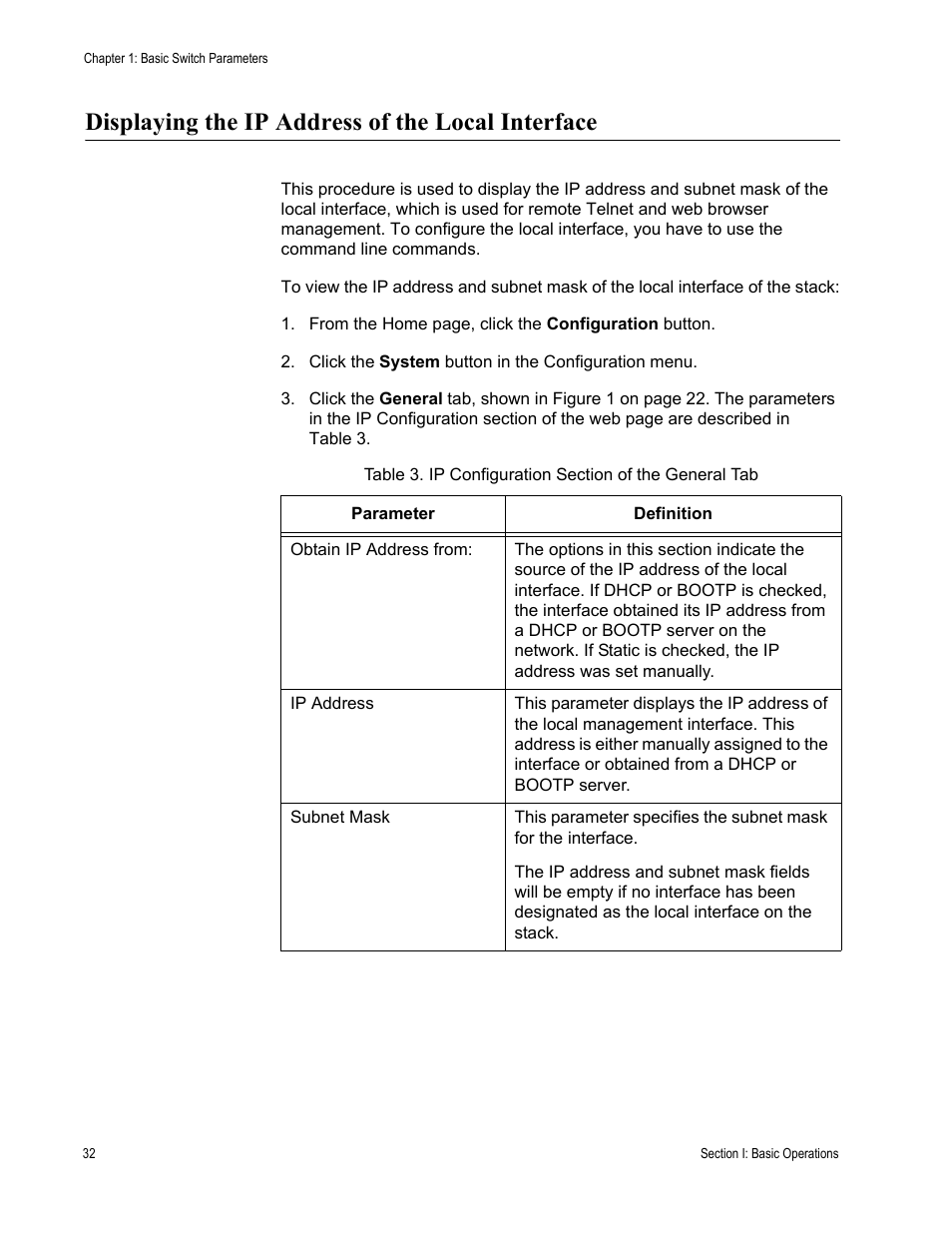 Displaying the ip address of the local interface | Allied Telesis AT-S63 User Manual | Page 32 / 246