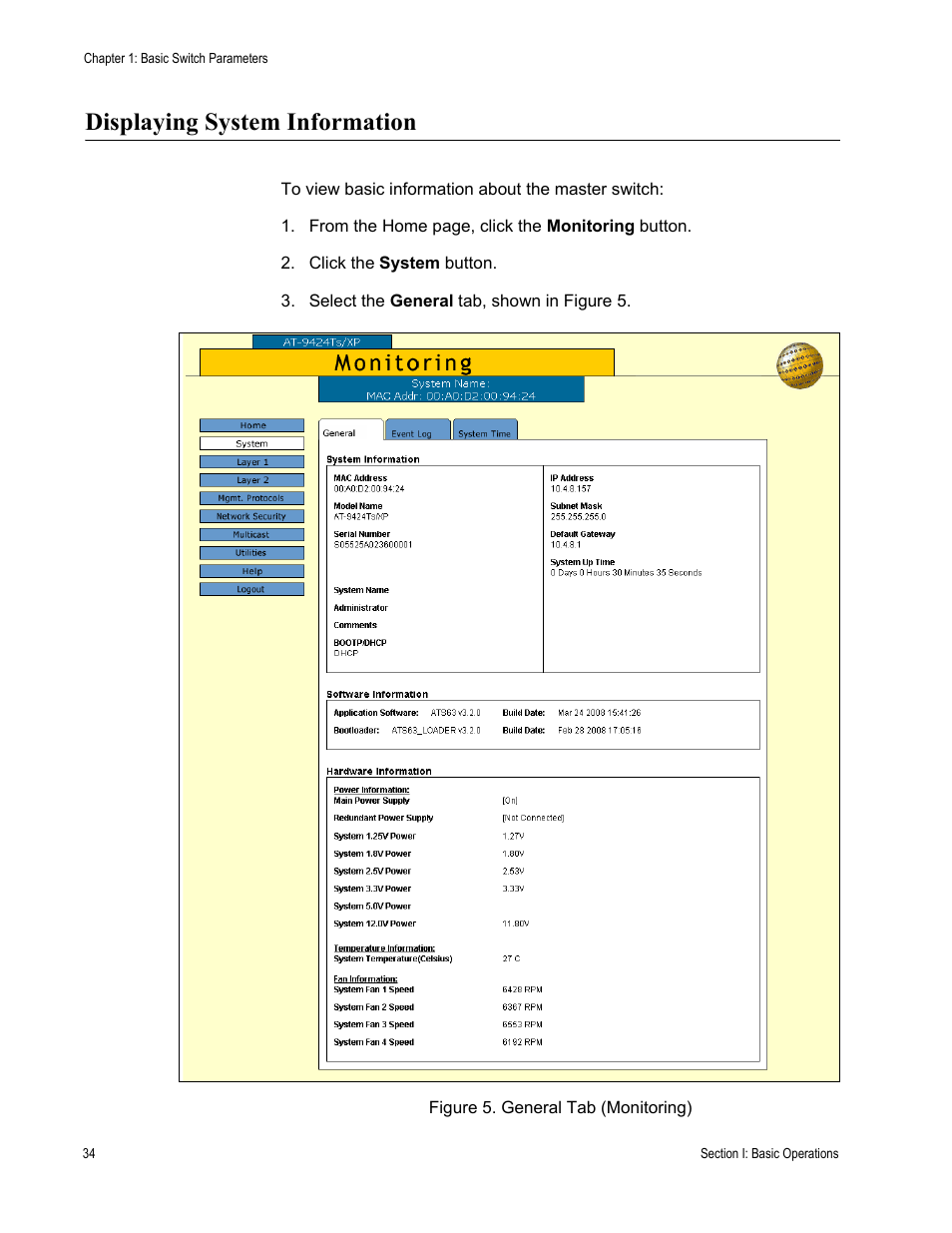 Displaying system information, Figure 5: general tab (monitoring) | Allied Telesis AT-S63 User Manual | Page 34 / 246