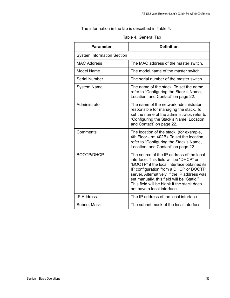Table 4: general tab | Allied Telesis AT-S63 User Manual | Page 35 / 246