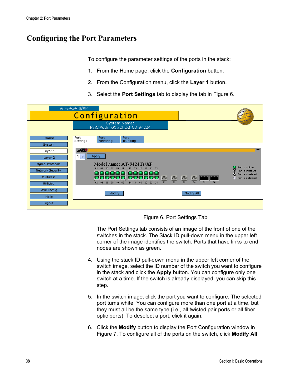 Configuring the port parameters, Figure 6: port settings tab | Allied Telesis AT-S63 User Manual | Page 38 / 246