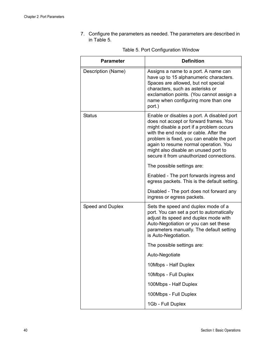Table 5: port configuration window | Allied Telesis AT-S63 User Manual | Page 40 / 246