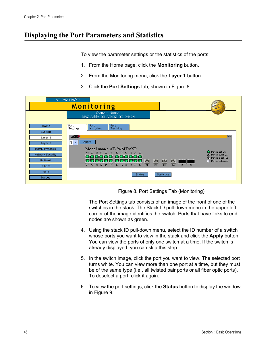 Displaying the port parameters and statistics, Figure 8: port settings tab (monitoring) | Allied Telesis AT-S63 User Manual | Page 46 / 246
