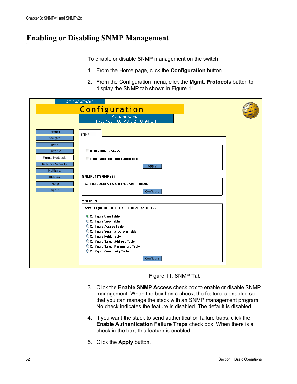 Enabling or disabling snmp management, Figure 11: snmp tab | Allied Telesis AT-S63 User Manual | Page 52 / 246