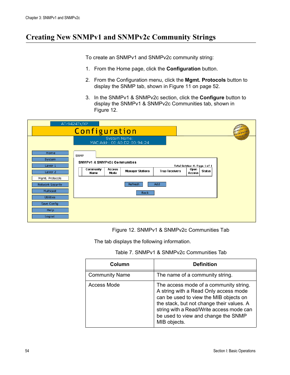 Creating new snmpv1 and snmpv2c community strings, Figure 12: snmpv1 & snmpv2c communities tab, Table 7: snmpv1 & snmpv2c communities tab | Allied Telesis AT-S63 User Manual | Page 54 / 246