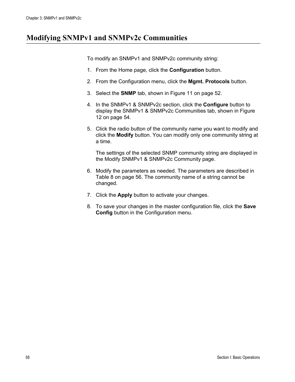 Modifying snmpv1 and snmpv2c communities | Allied Telesis AT-S63 User Manual | Page 58 / 246